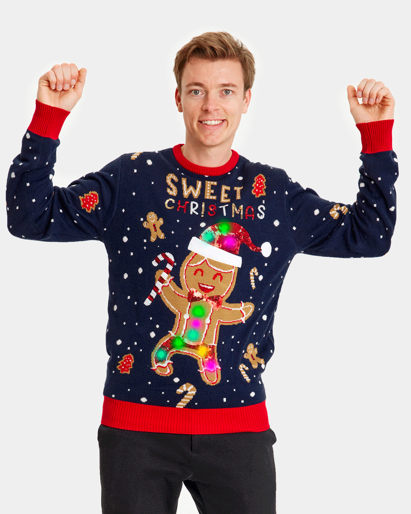 Camisola de Natal para Homem Azul com Luzes LED Ginger Cookie