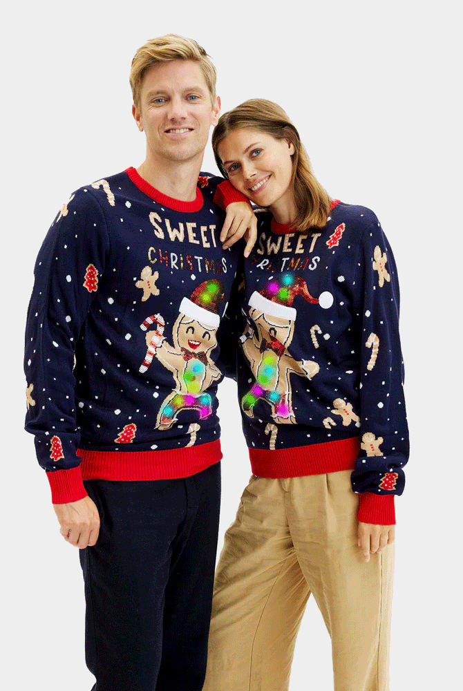Camisola de Natal para Homem Azul com Luzes LED Ginger Cookie Mulher