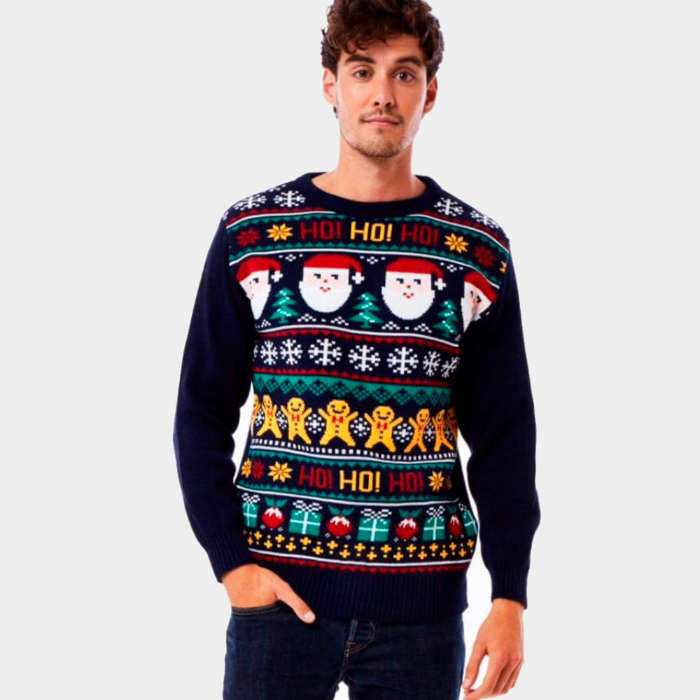Camisola de Natal para Homem Azul Pai Natal Ho Ho Ho!