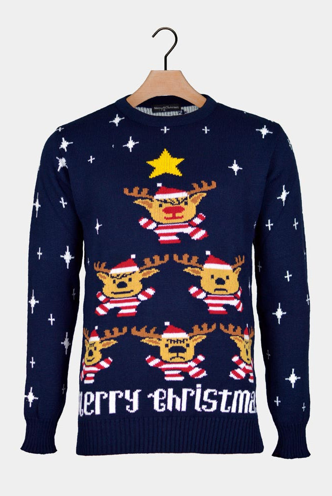 Camisola de Natal para Homem Azul com Rena, Árvore de Natal e Estrela