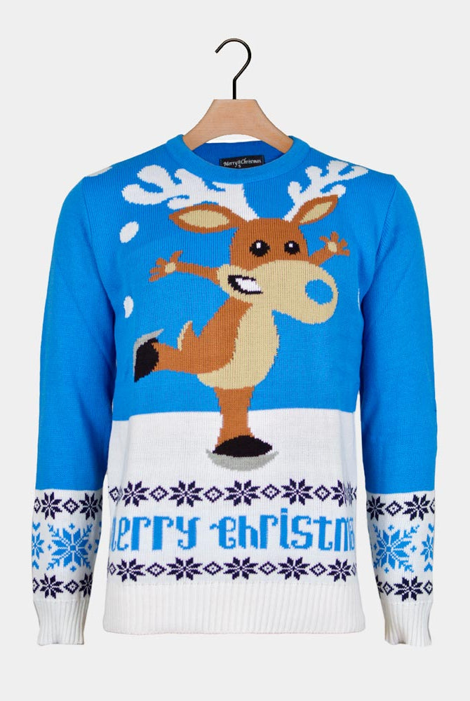 Camisola de Natal para Homem Azul com Rena Patinadora