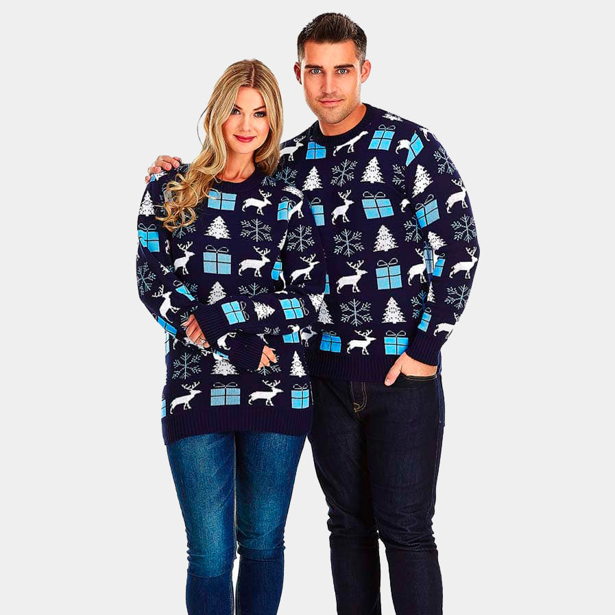 Camisola de Natal para Homem Azul com Renas, Presentes e Pinheiros mulher