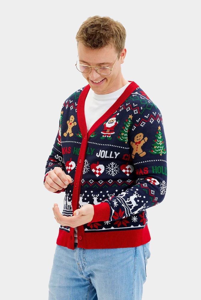Camisola de Natal para Homem Azul y Vermelha Cárdigan