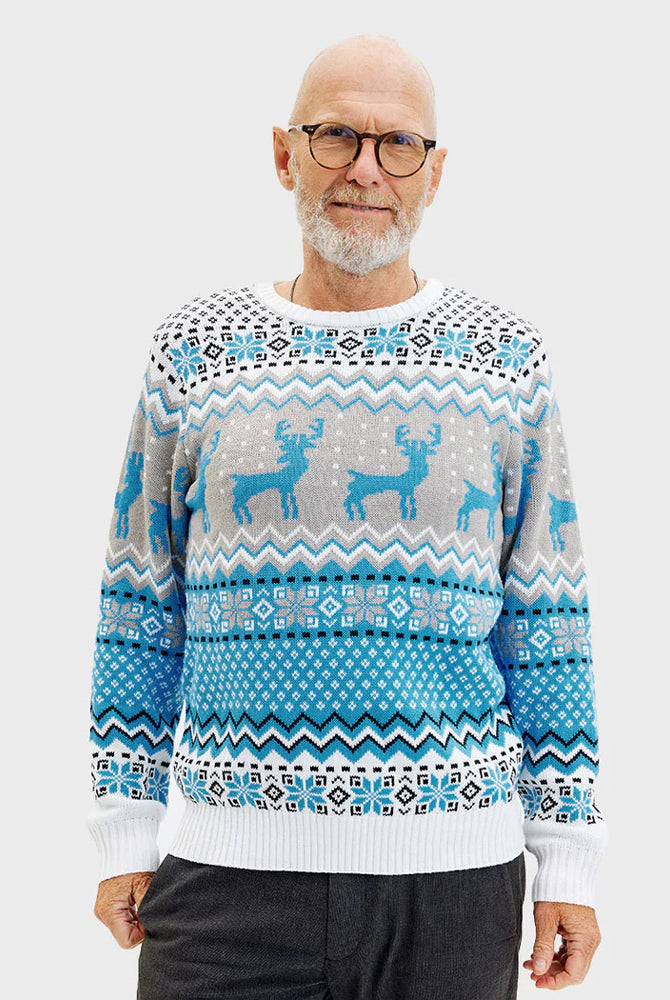Camisola de Natal Homem Elegante Branca, Cinza e Azul com Renas