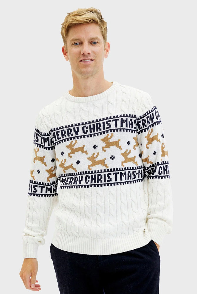 Camisola de Natal Homem Elegante Branca Renas Algodão Orgânico