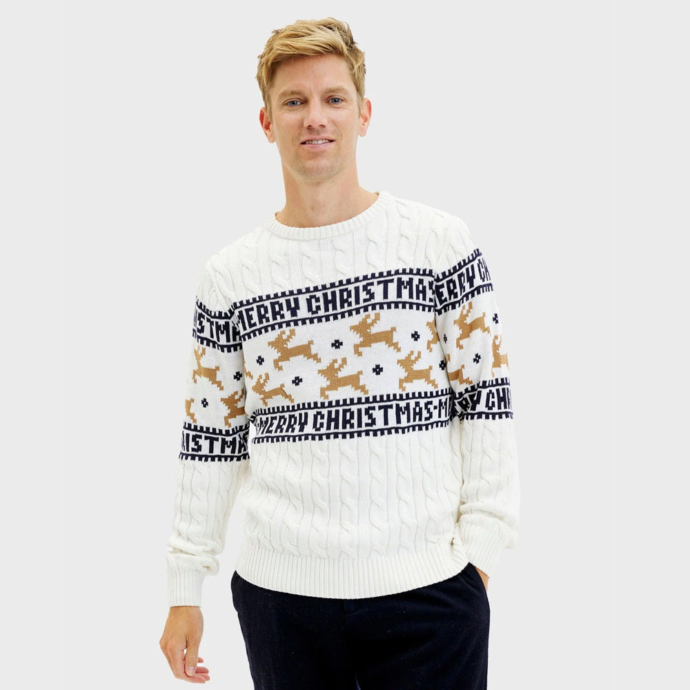 Camisola de Natal Homem Elegante Branca Renas Algodão Orgânico