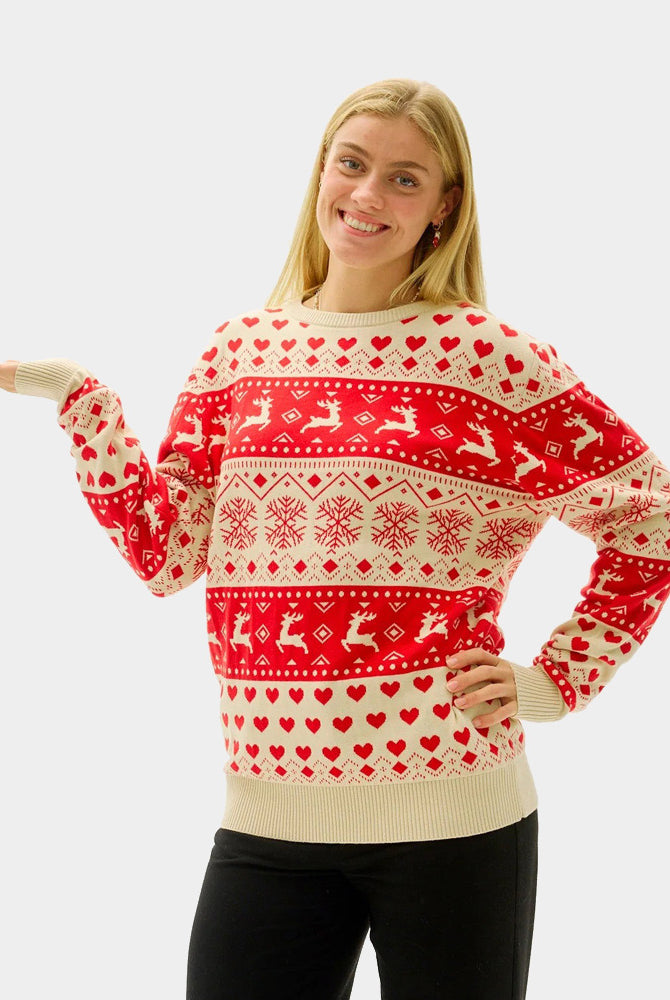 Camisola de Natal Homem Corações Vermelhos Bege Algodão Orgânico Mulher