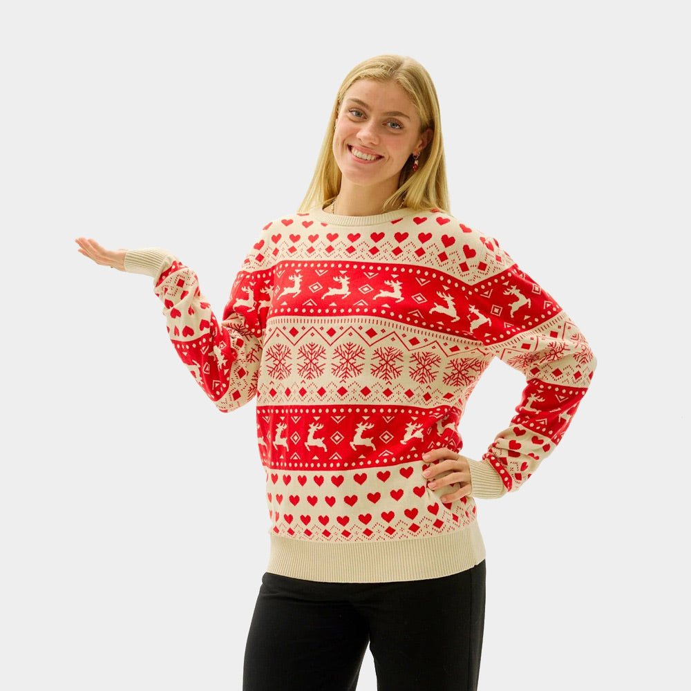 Camisola de Natal Homem Corações Vermelhos Bege Algodão Orgânico Mulher