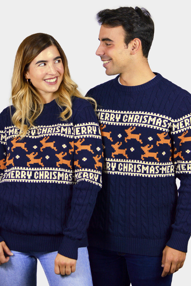 Camisola de Natal para Homem Elegante Azul com Renas casal
