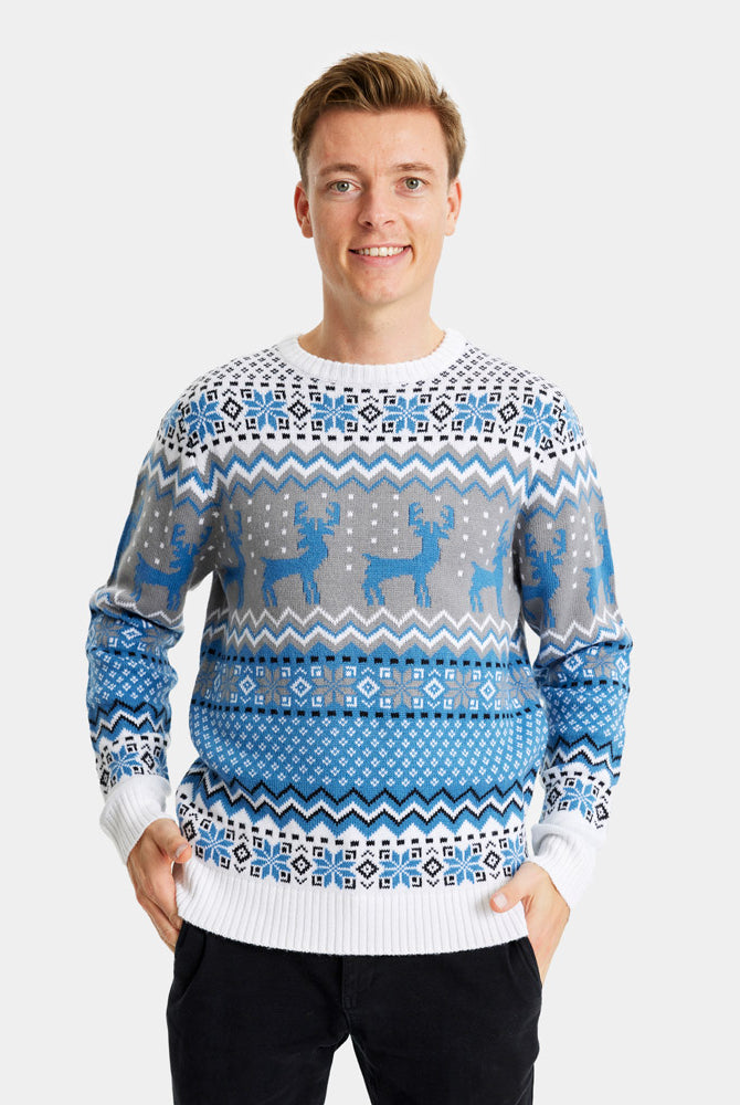 Camisola de Natal para Homem Elegante Branca, Cinza e Azul com Renas