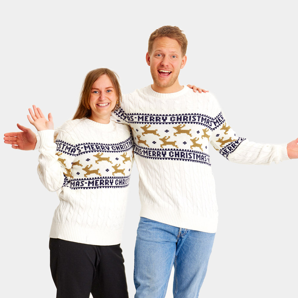 Camisola de Natal para Homem Elegante Branca com Renas Algodão Orgânico mulher