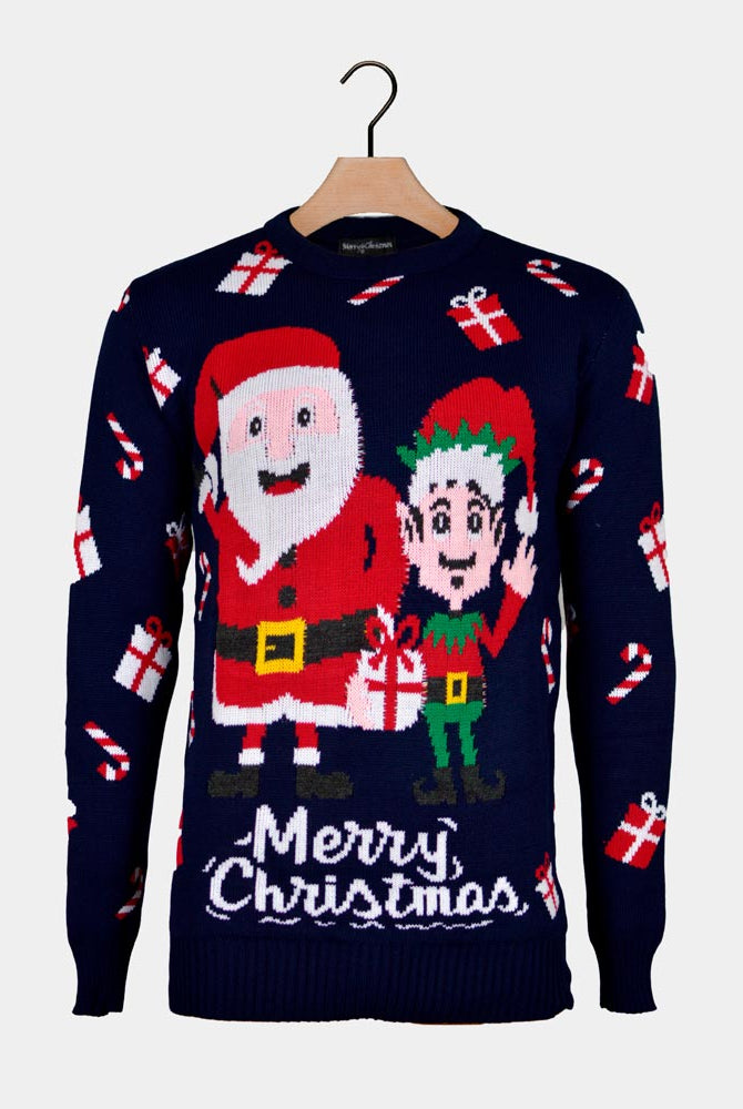 Camisola de Natal para Homem com Elfo e Pai Natal