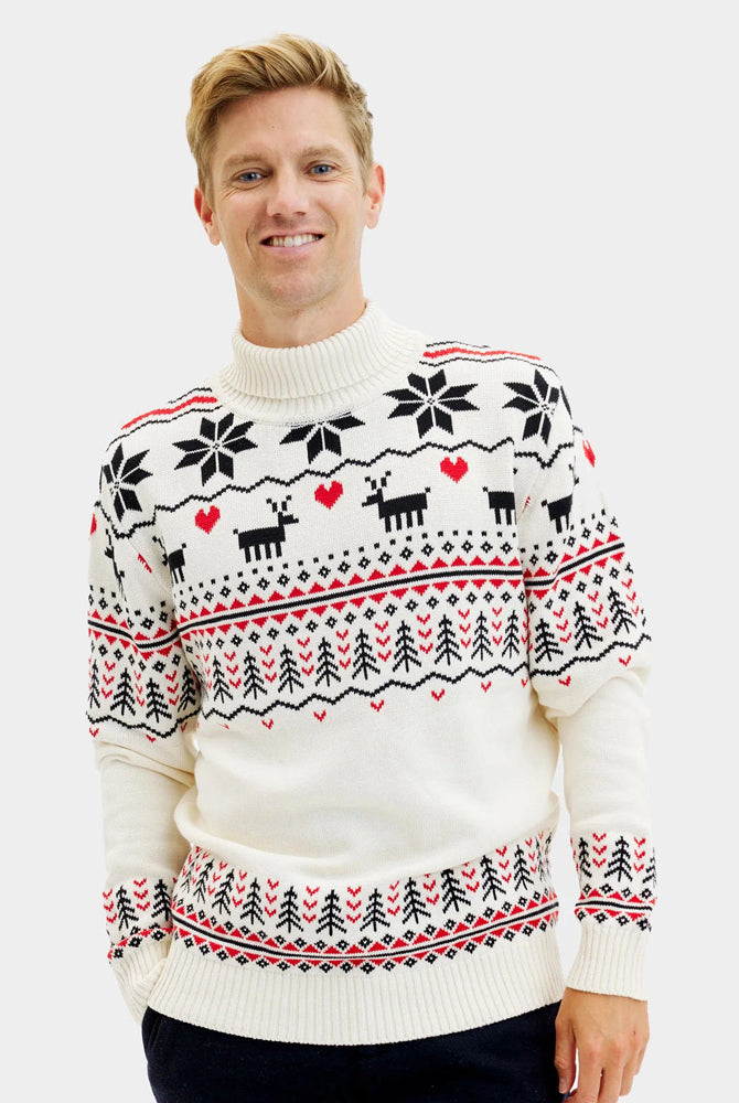 Camisola de Natal Homem Gola Alta bege Renas Algodão Orgânico
