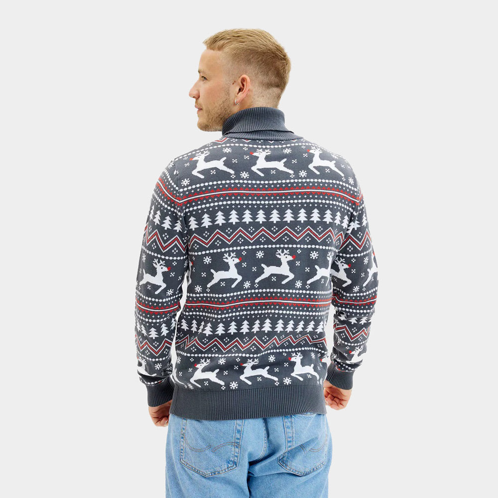 Camisola de Natal Algodão Orgânico Homem de Gola Alta Cinzenta Renas