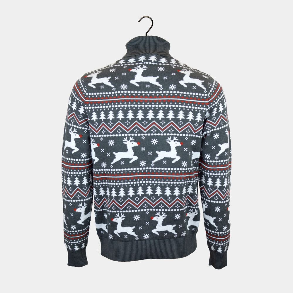 Camisola de Natal Homem Gola Alta Renas Algodão Cinzenta Orgânico