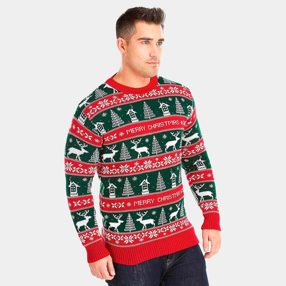 Camisola de Natal para Homem Listras Verdes e Vermelhas Merry Christmas