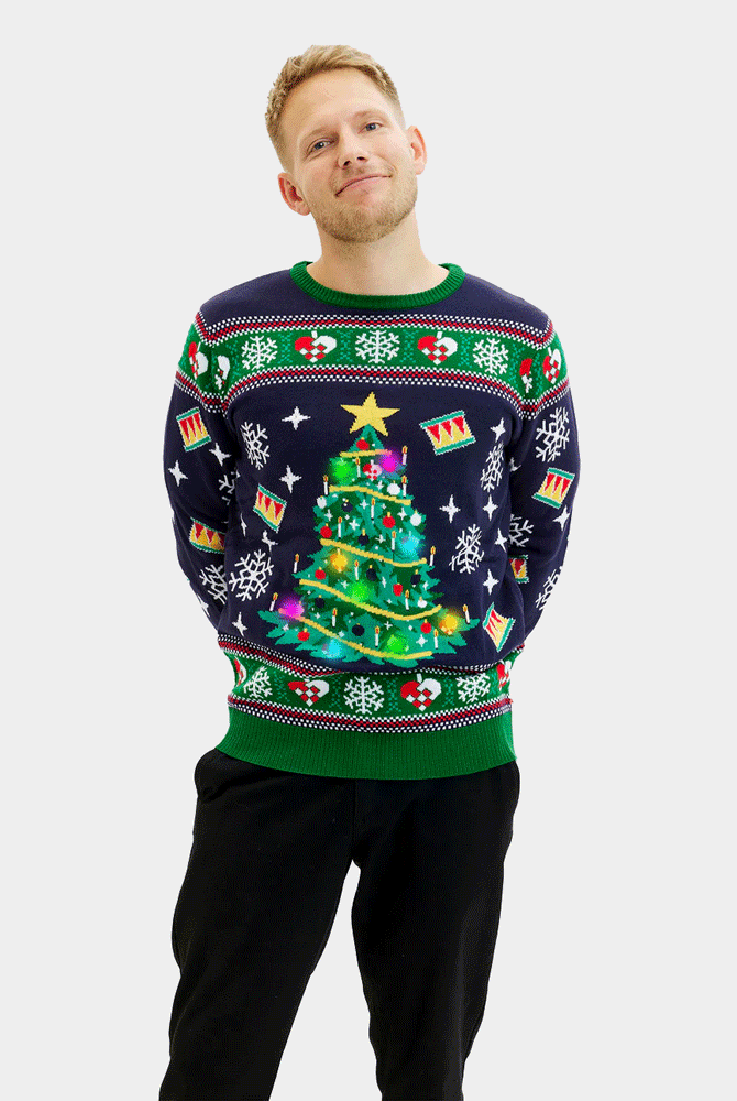 Camisola de Natal Homem Azul Luzes LED Árvore de Natal