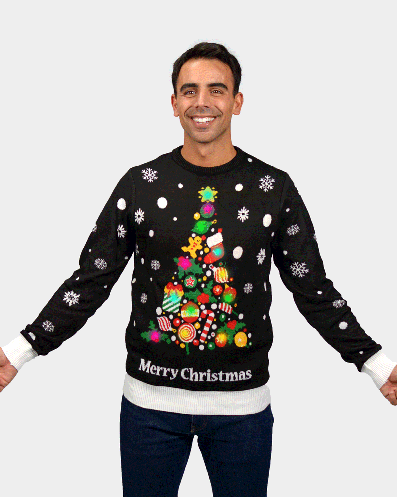 Camisola de Natal Homem com Luzes LED Preta Árvore de Natal