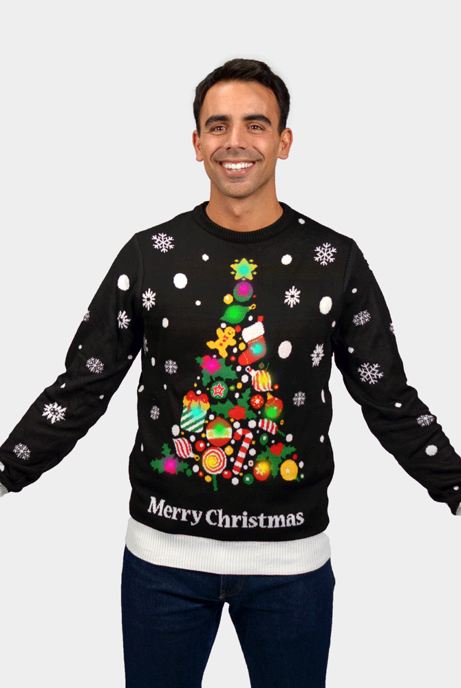 Camisola de Natal Homem com Luzes LED Preta Árvore de Natal