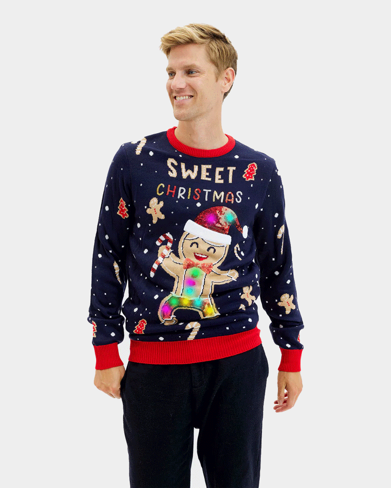 Camisola de Natal Homem Azul Luzes LED Ginger Cookie
