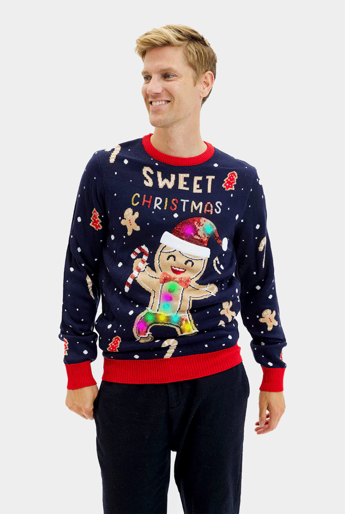 Camisola de Natal Homem Azul Luzes LED Ginger Cookie