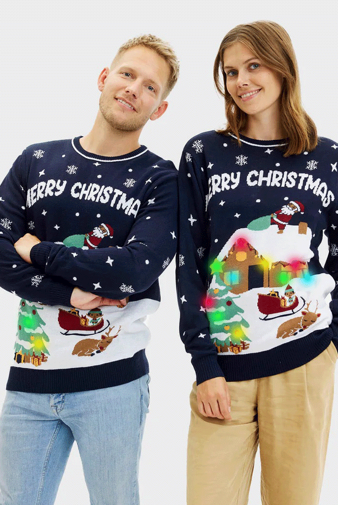 Camisola de Natal para Homem com Luzes LED Azul Merry Christmas Mulher