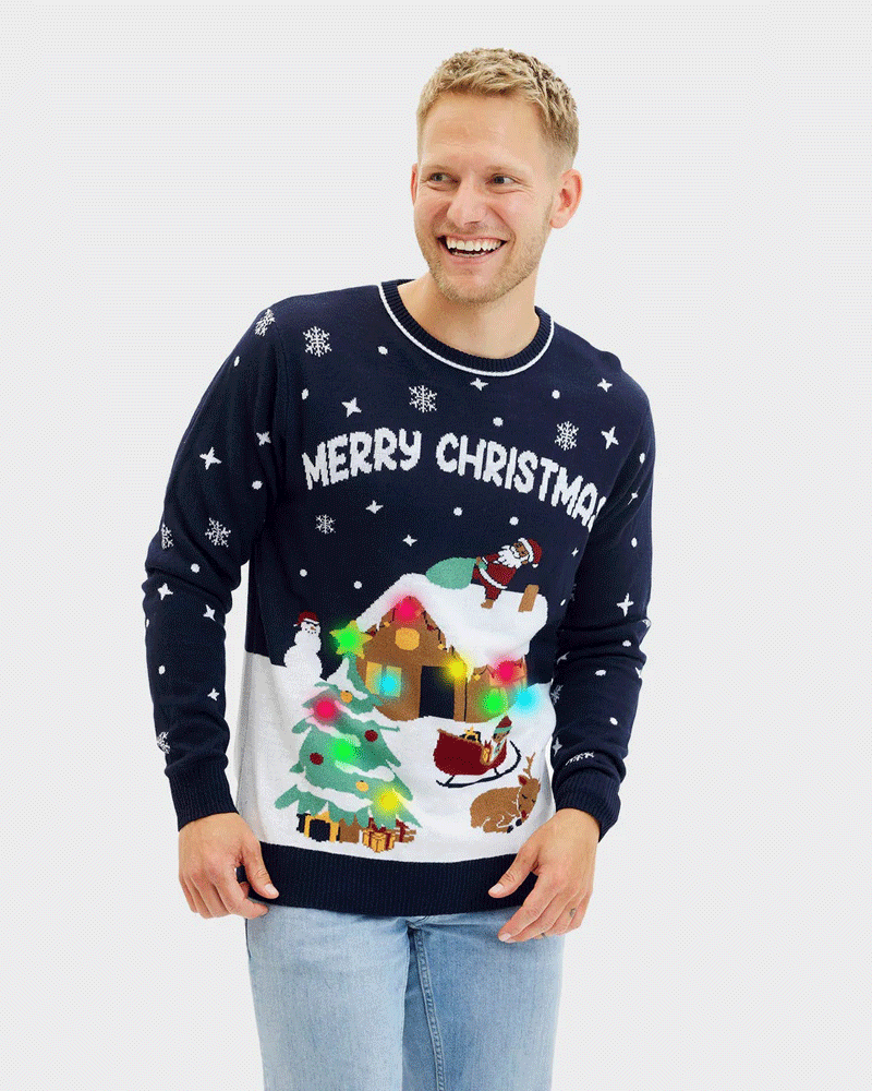Camisola de Natal para Homem com Luzes LED Azul Merry Christmas