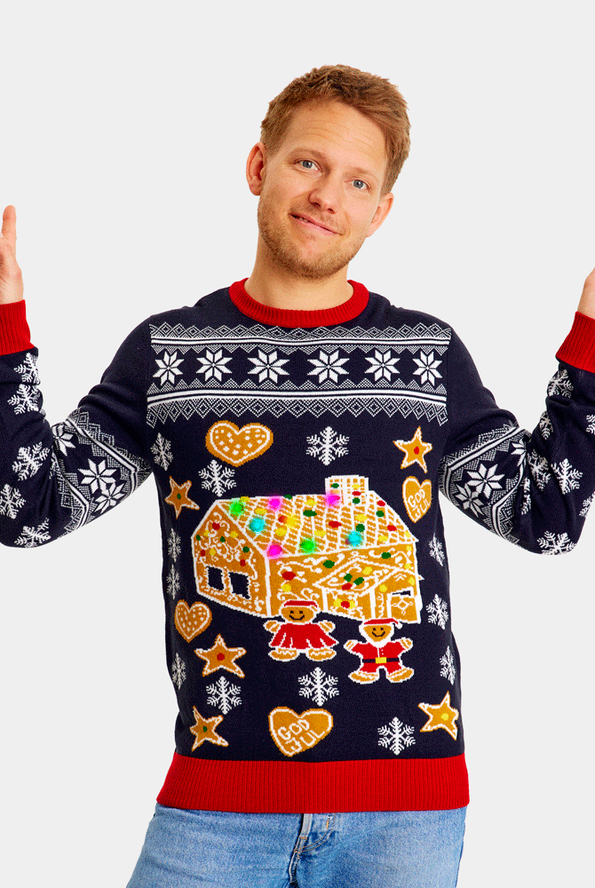 Camisola de Natal para Homem com Luzes LED Casa Gingerbread