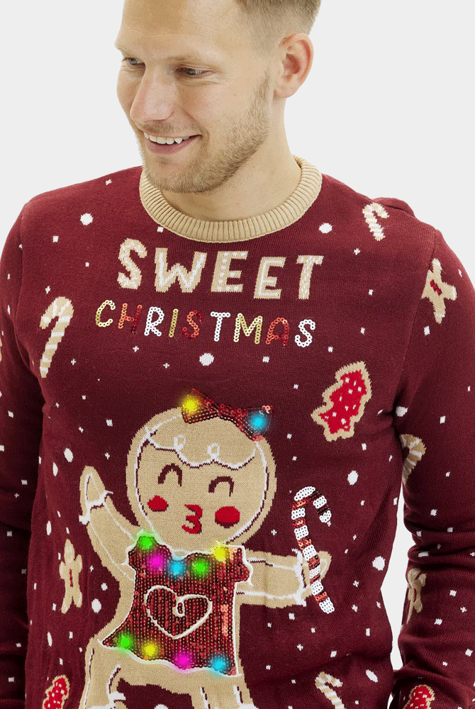 Camisola de Natal Homem Vermelha Luzes LED Ginger Cookie