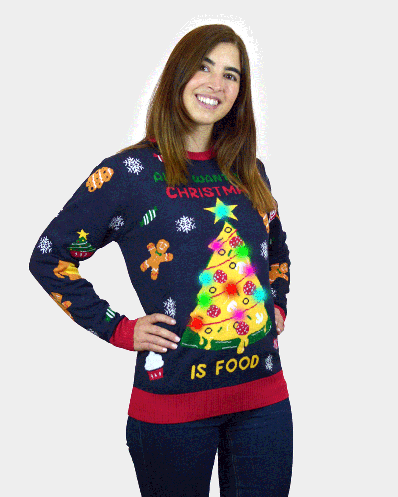 Camisola de Natal para Homem Mulher Luzes LED Christmas Food