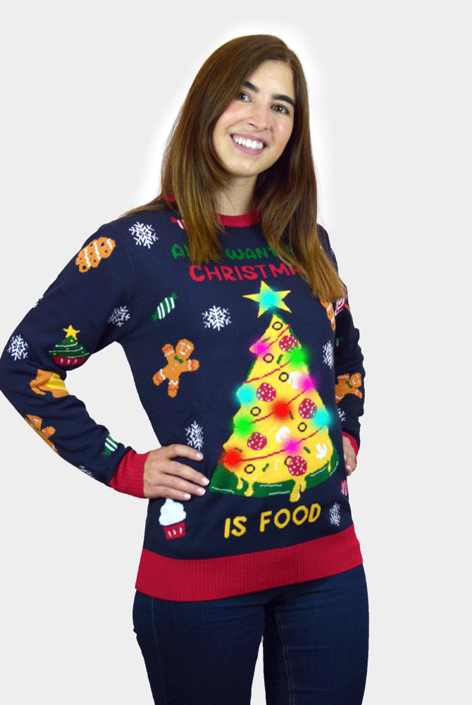 Camisola de Natal para Homem Mulher Luzes LED Christmas Food