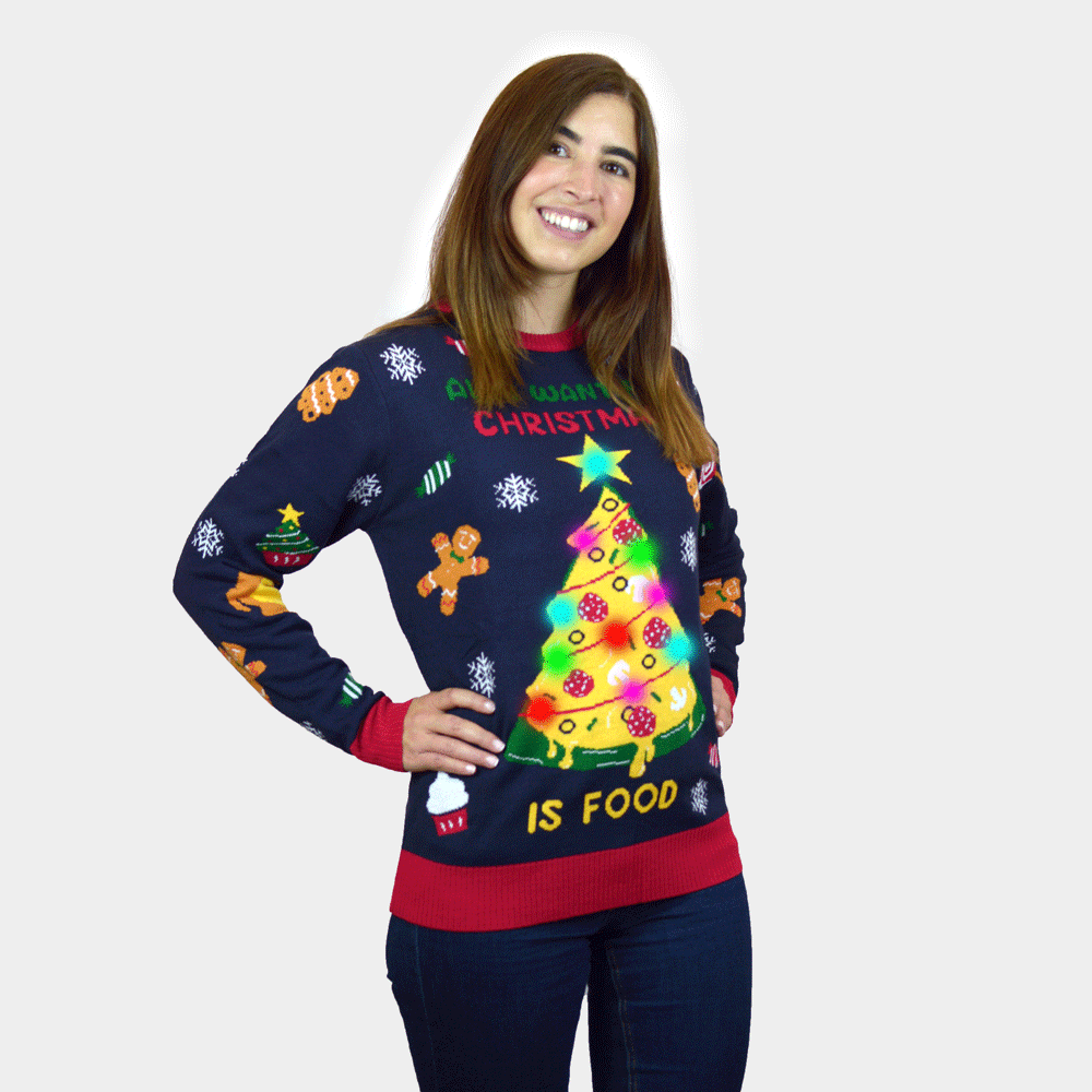 Camisola de Natal para Homem Mulher Luzes LED Christmas Food