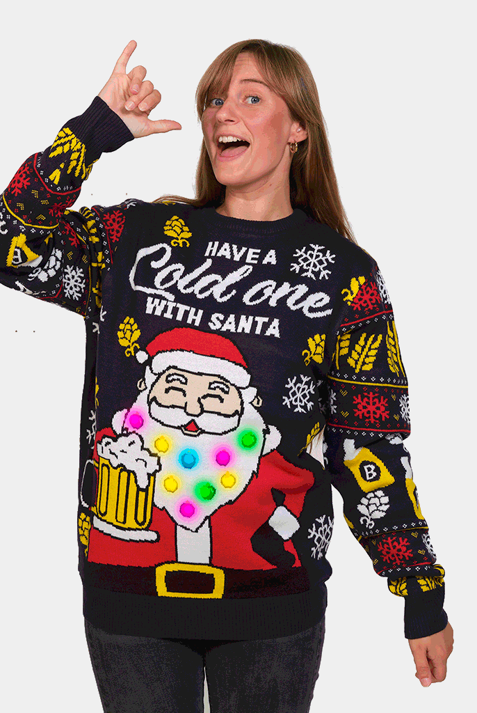 Camisola de Natal Mulher Homem com Luzes LED Pai Natal com Cerveja