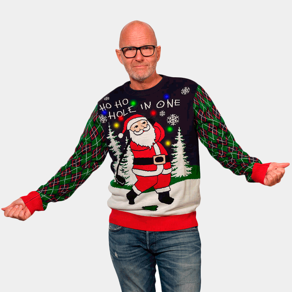 Camisola de Natal para Homem com Luzes LED Pai Natal jogando Golfe
