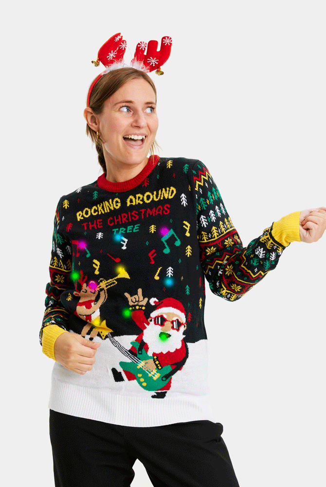 Camisola de Natal para Homem Mulher Luzes LED Pai Natal Rocker
