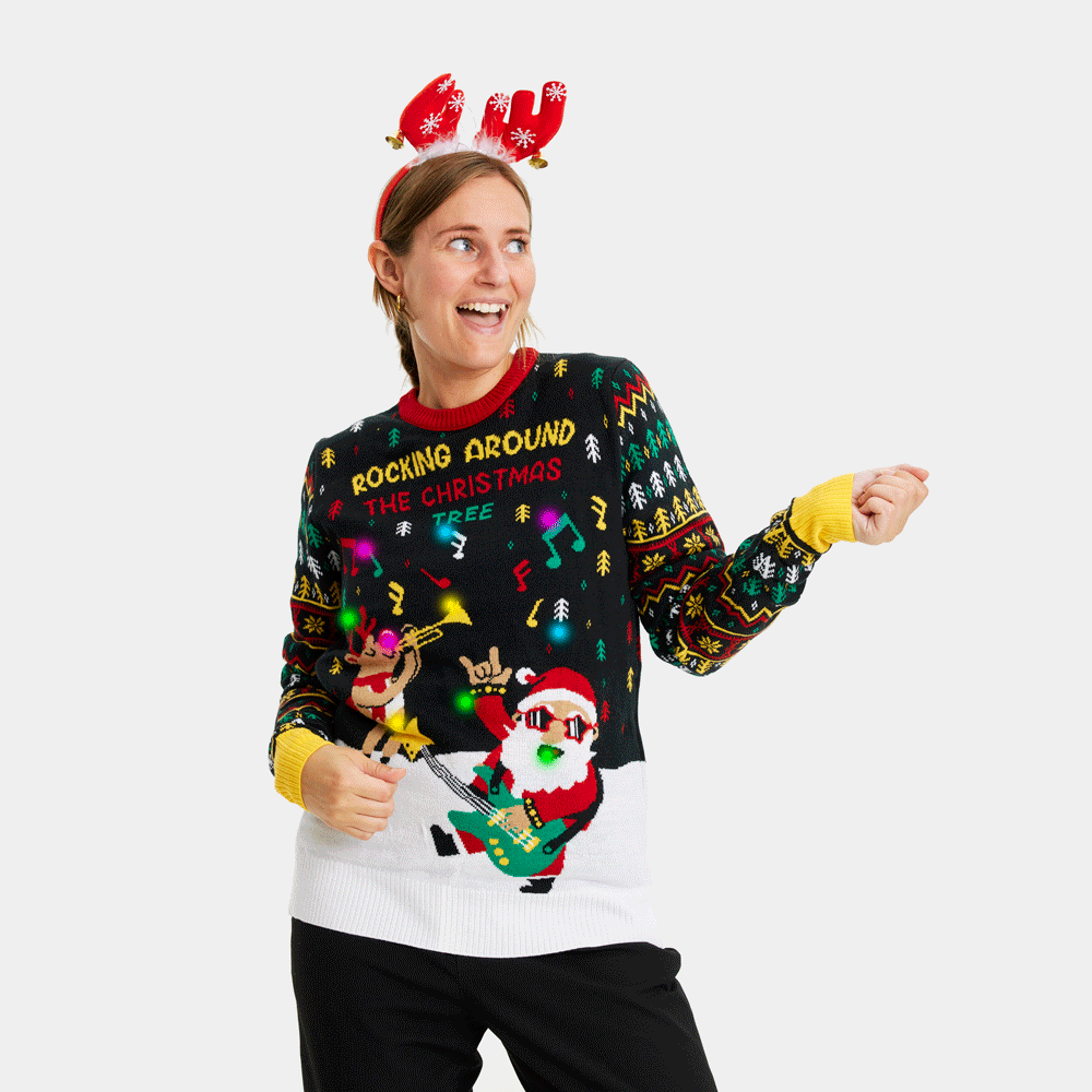 Camisola de Natal para Homem Mulher Luzes LED Pai Natal Rocker