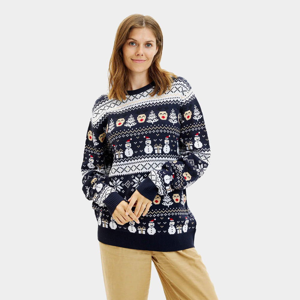 Camisola de Natal Mulher Homem Azul Bonecos de Neve e Árvores