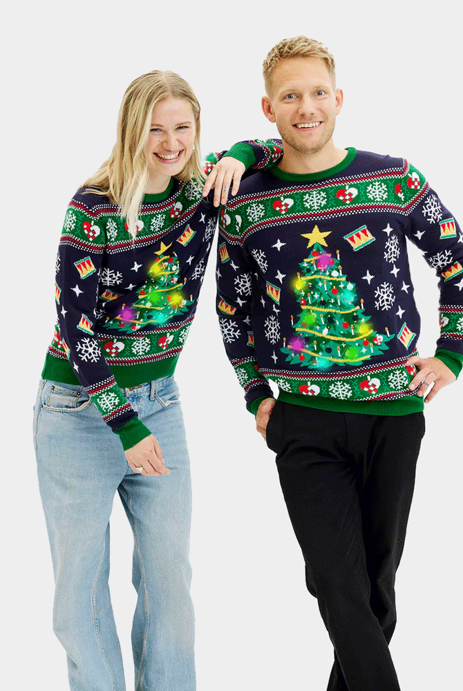 Camisola de Natal para Homem e Mulher Azul com Luzes LED Árvore de Natal