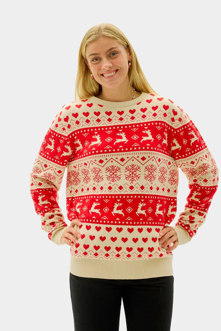 Camisola de Natal Homem Mulher Corações Vermelhos Bege Algodão Orgânico