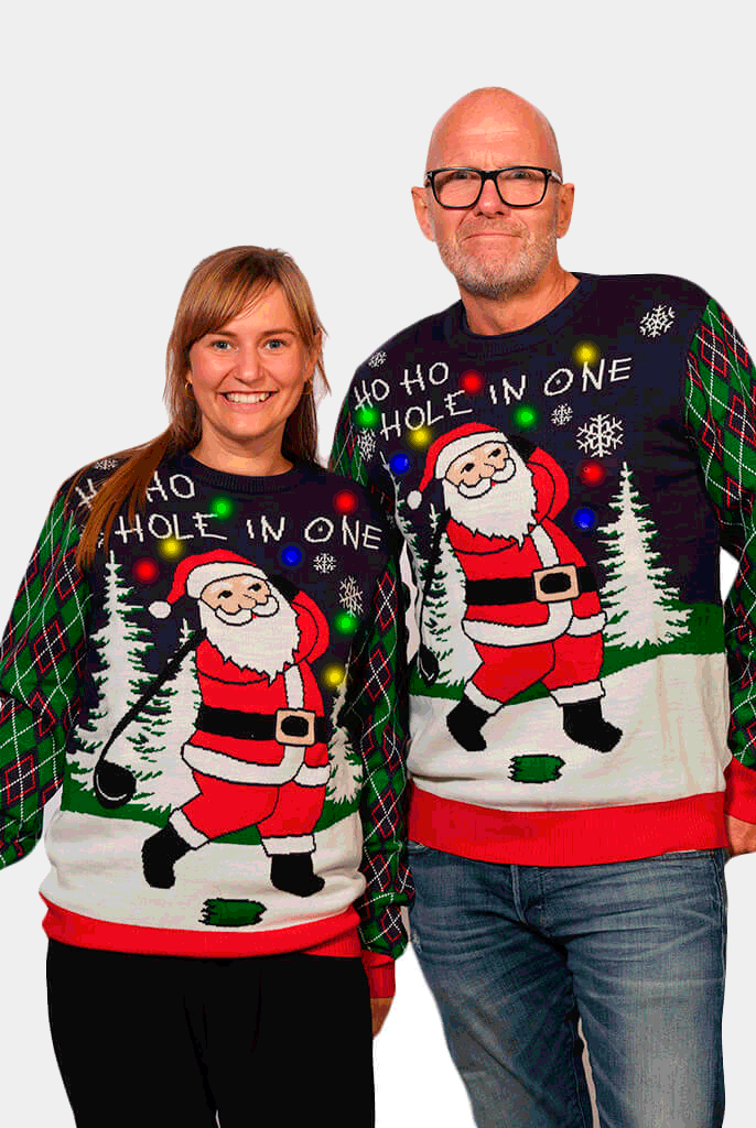 Camisola de Natal para Homem com Luzes LED Pai Natal jogando Golfe Mulher