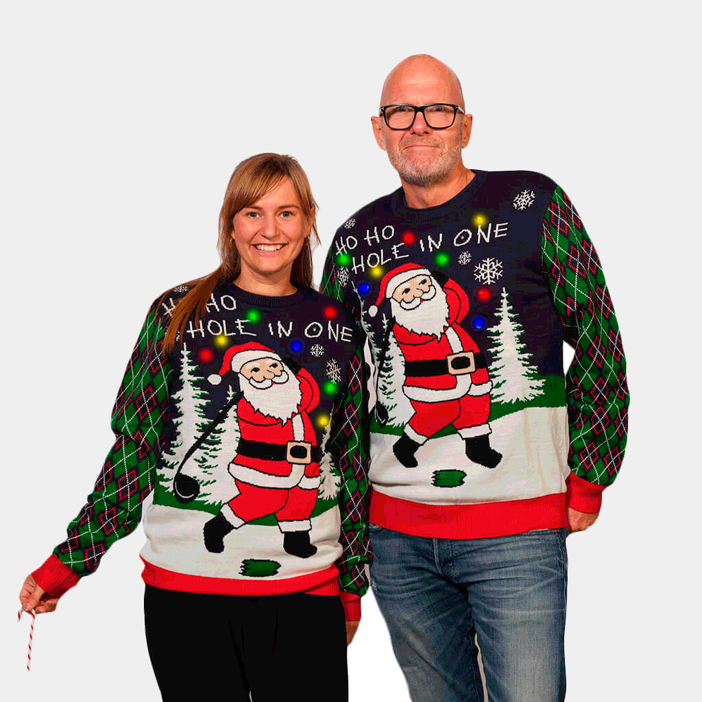 Camisola de Natal para Homem com Luzes LED Pai Natal jogando Golfe Mulher