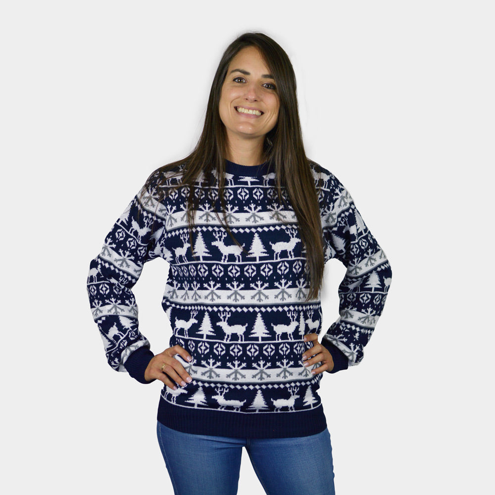 Camisola de Natal Mulher Homem com Pinheiros, Renas e Neve