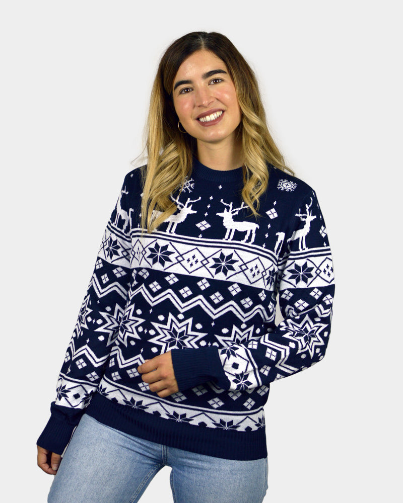 Camisola de Natal Mulher Homem com Renas e Estrelas Azul Nordic