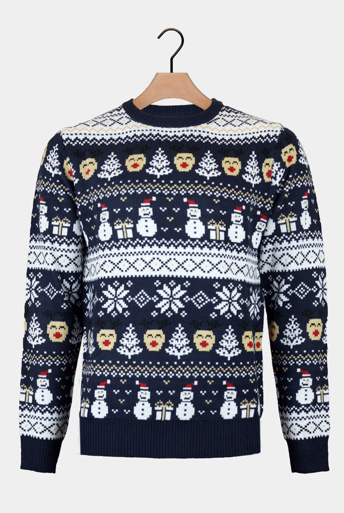 Camisola de Natal Bonecos de Neve Homem Azul e Árvores