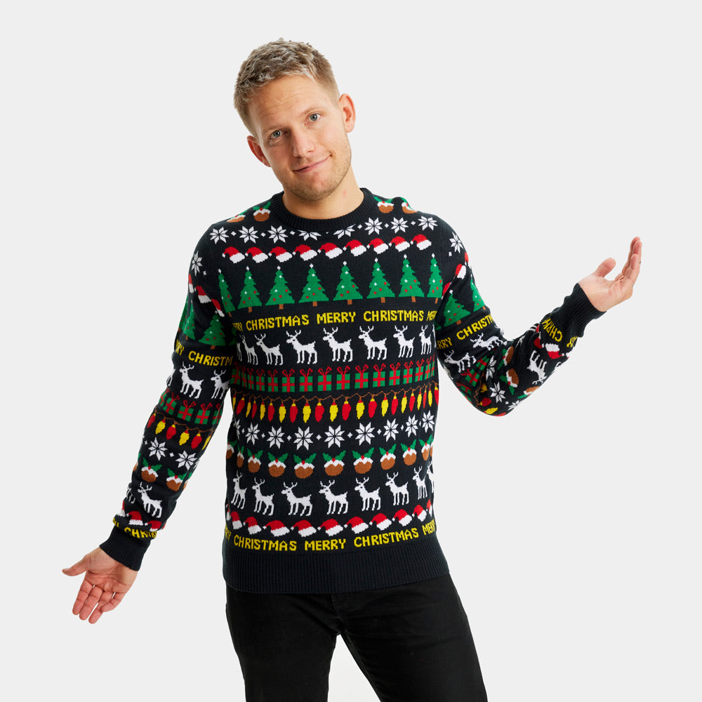 Camisola de Natal para Homem Preta com Árvores, Renas e Presentes