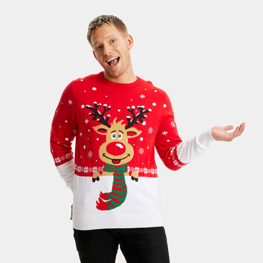 Camisola de Natal para Homem Rena com Cachecol Algodão Orgânico