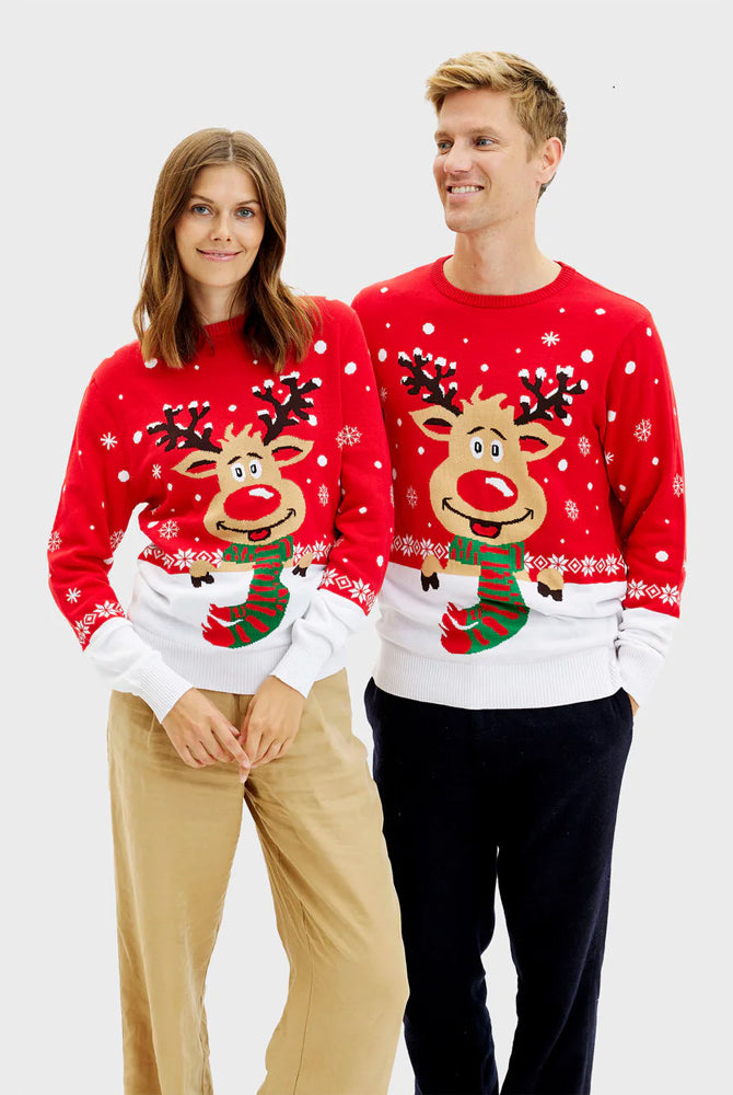 Camisola de Natal para Homem e Mulher Rena com Cachecol