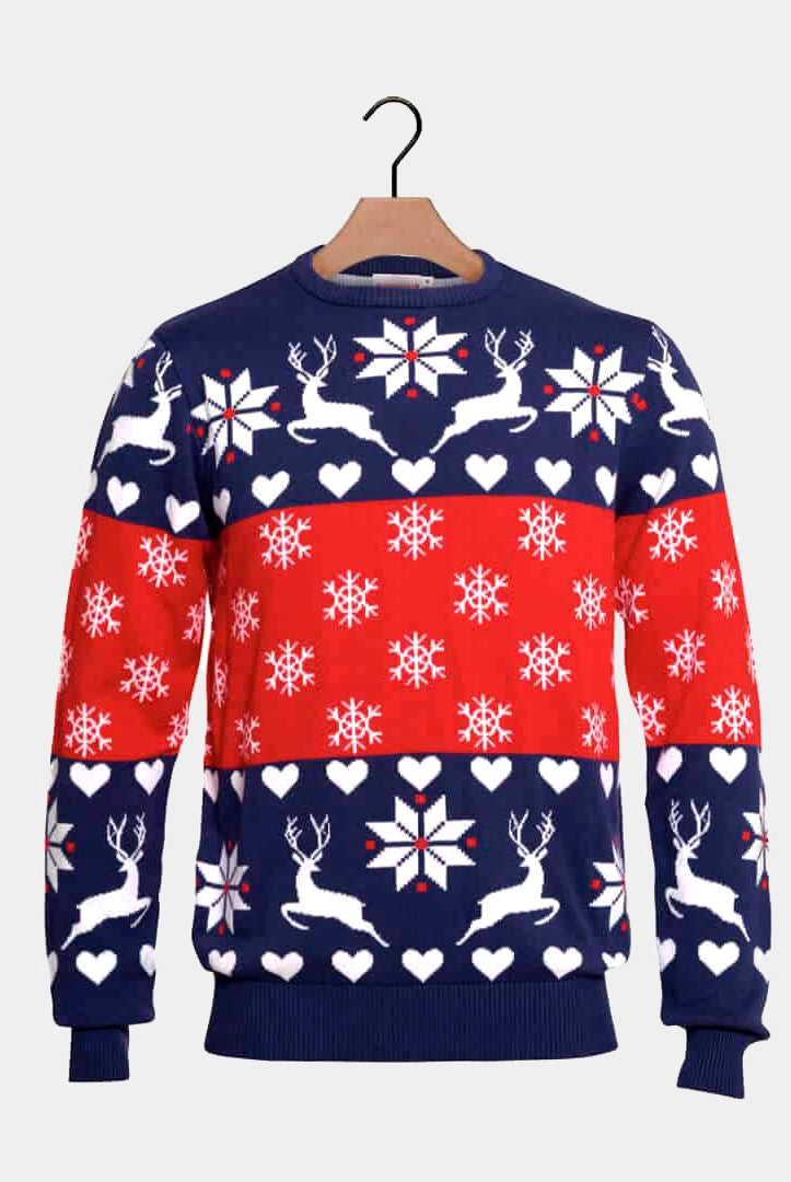 Camisola de Natal Renas e Corações Azul e Vermelha Homem