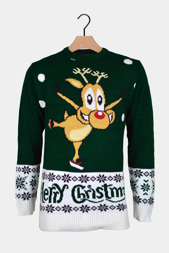 Camisola de Natal para Homem Verde Rena Patinadora