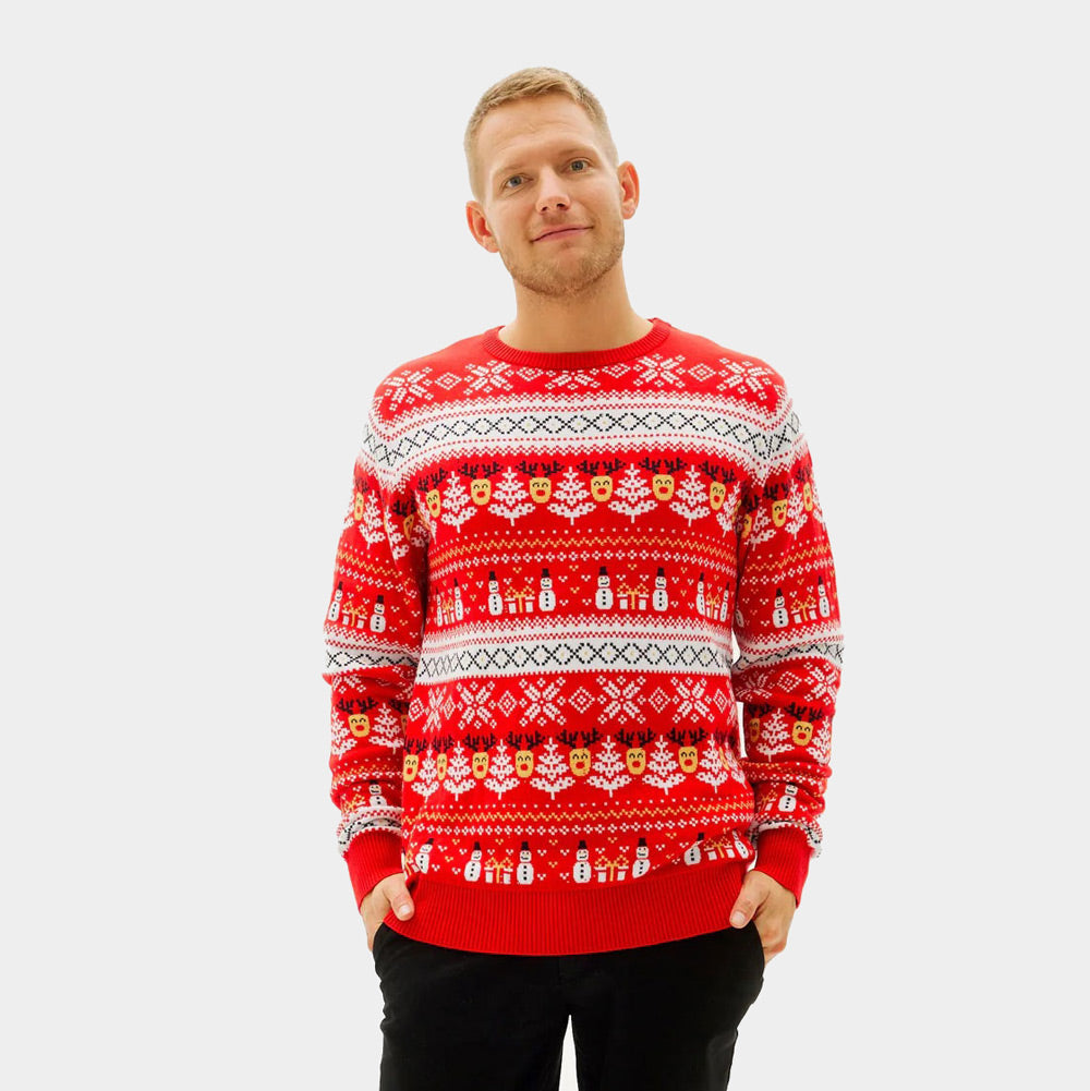 Camisola de Natal para Homem Vermelha Bonecos de Neve e Árvores Algodão Orgânico